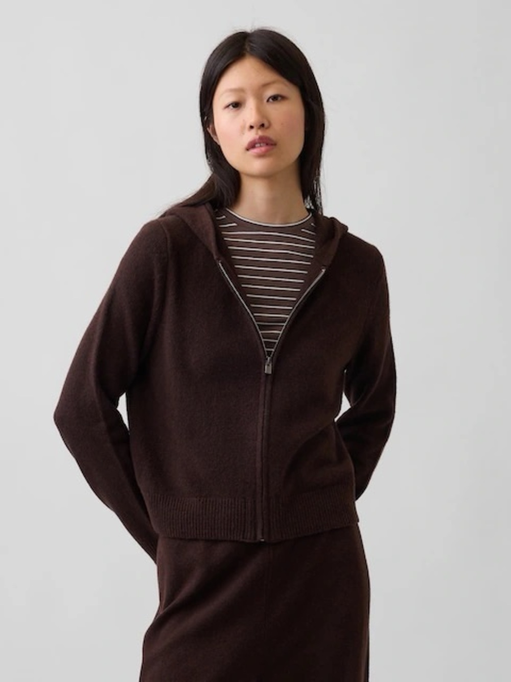 Gap Knit Full Zip Cropped Fleece Hoodie Womens L Chocolate Brown